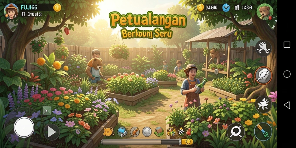 Gambar menunjukkan gameplay seru dalam FUJI66, dengan kebun yang dikelola pemain.