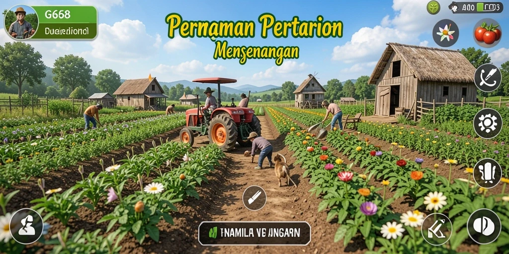 Screenshot G668 menampilkan aksi bercocok tanam serta panen yang seru.