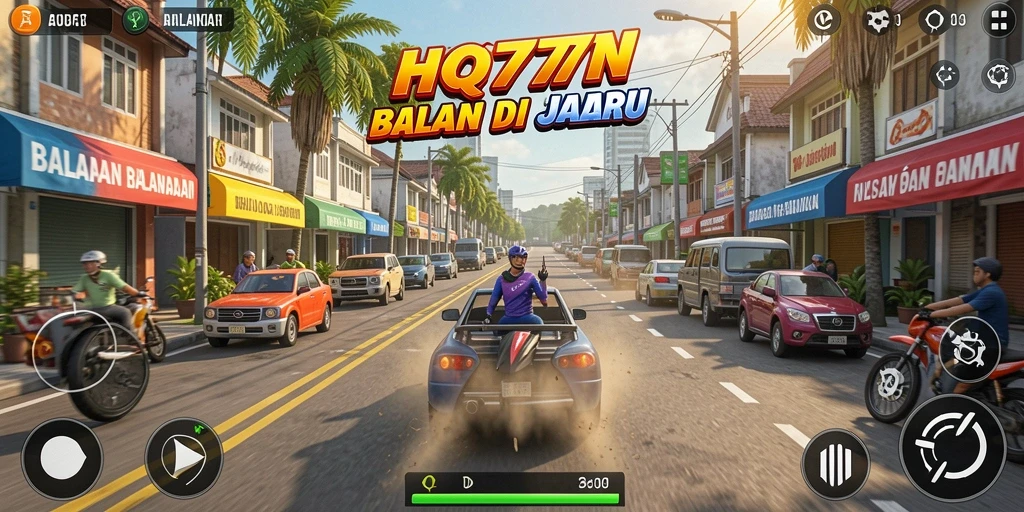 Tangkapan layar utama HQ777 menampilkan aksi balapan yang cepat dan mendebarkan.