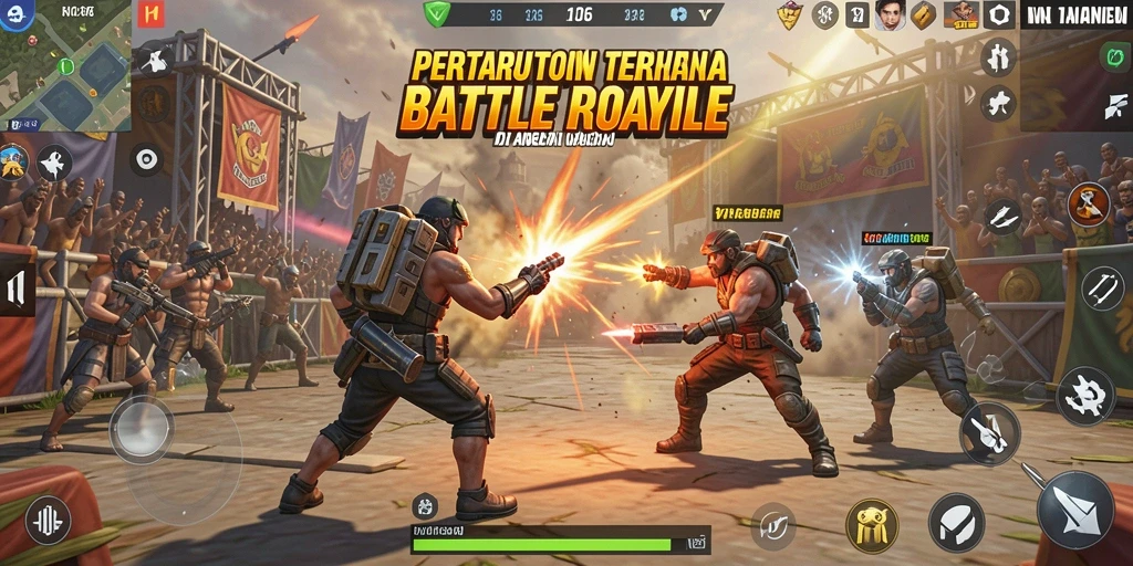 Screenshot N06 menampilkan pertempuran seru dalam arena Battle Royale.