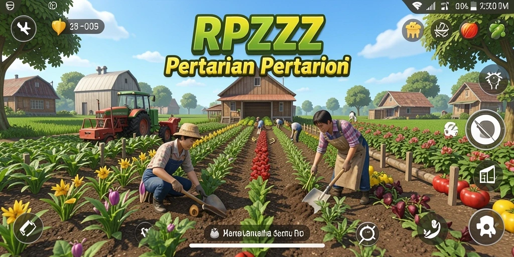 Tangkapan layar game RPZZZ menampilkan kebun hijau yang rimbun dan aktivitas bertani.